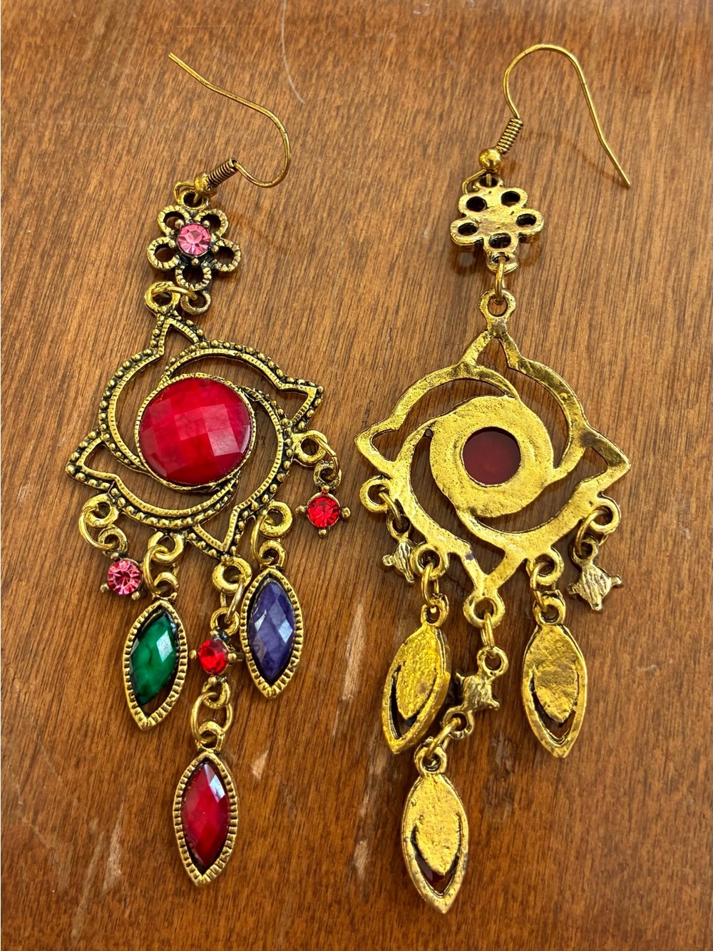 Ornate Red Green Purple Chandelier Statement Earrings - Picture 3 of 5